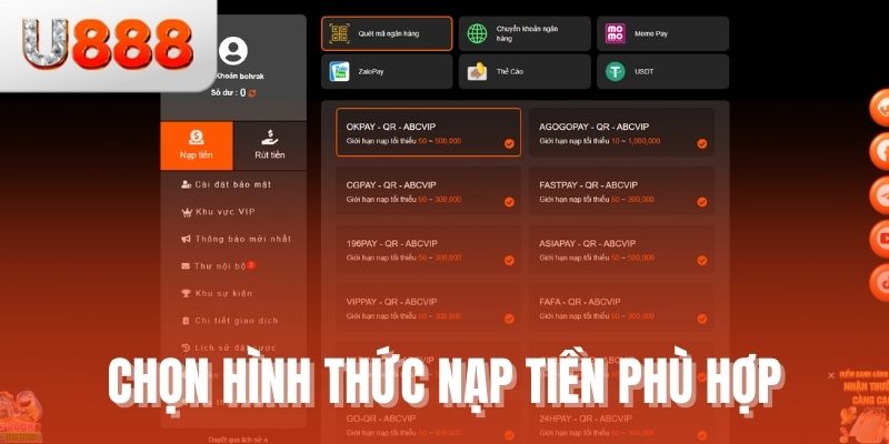 Chọn hình thức nạp tiền phù hợp
