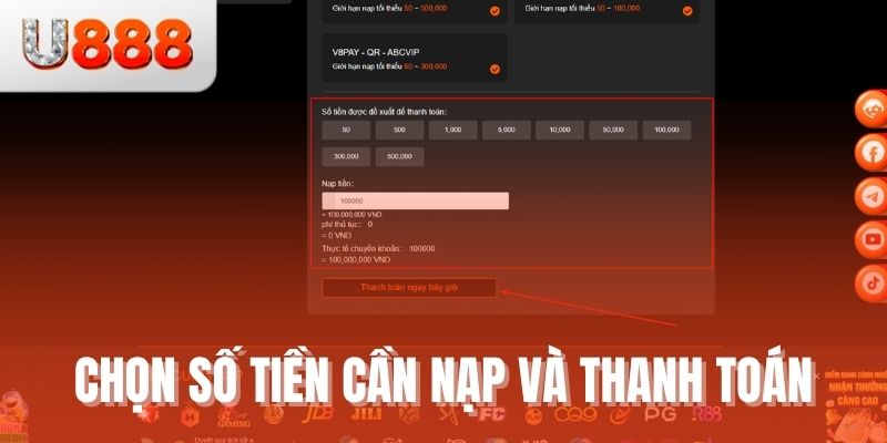 Chọn số tiền cần nạp và thanh toán
